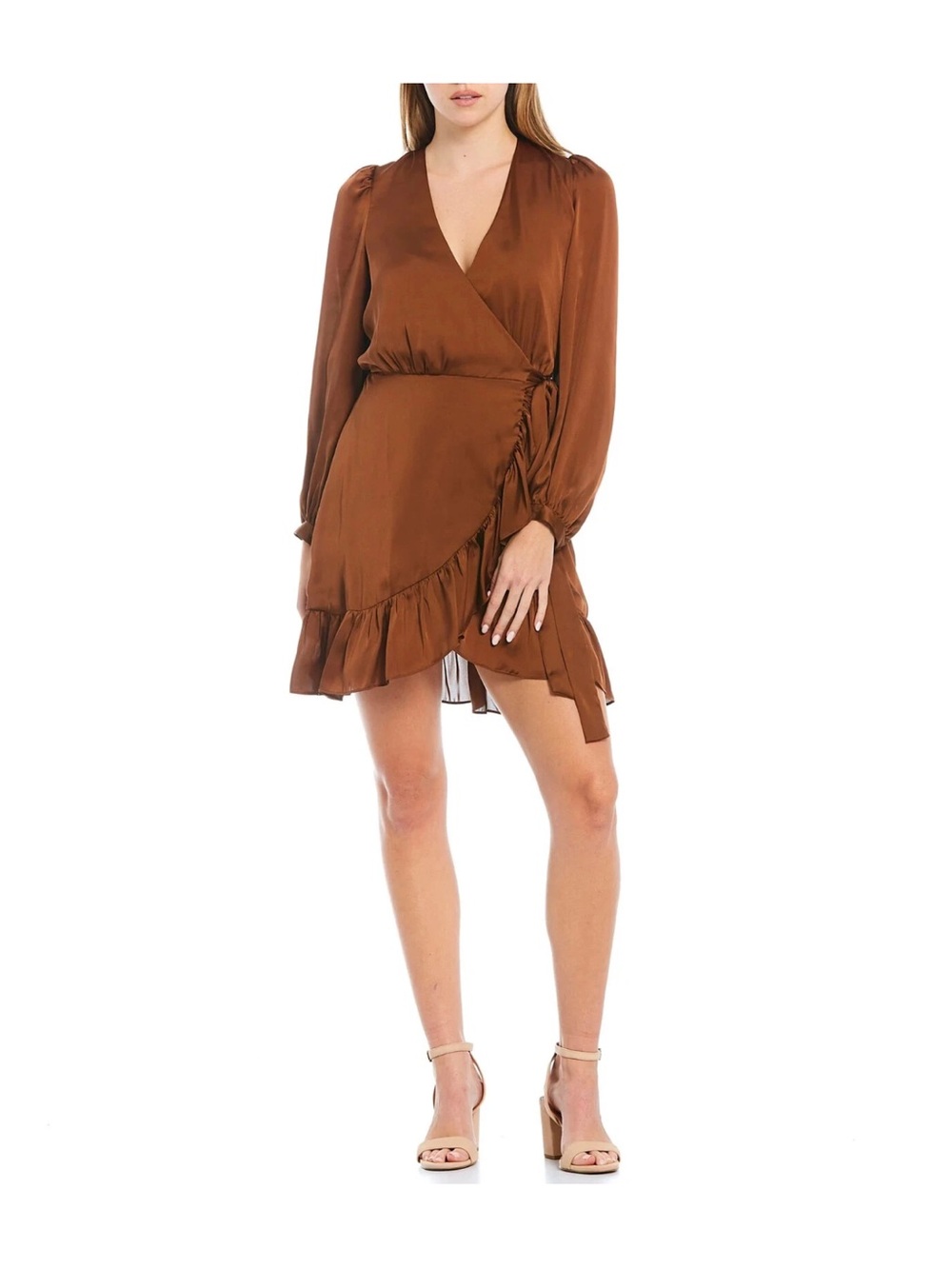 Gianni Bini Olivia long sleeve Rust Brown Satin like Wrap Dress with Ruffle Hem